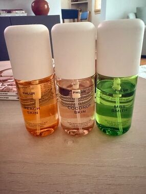 Trio of PHLUR Skin Hair & Body Fragrance Mist- peach, coconut, green apple